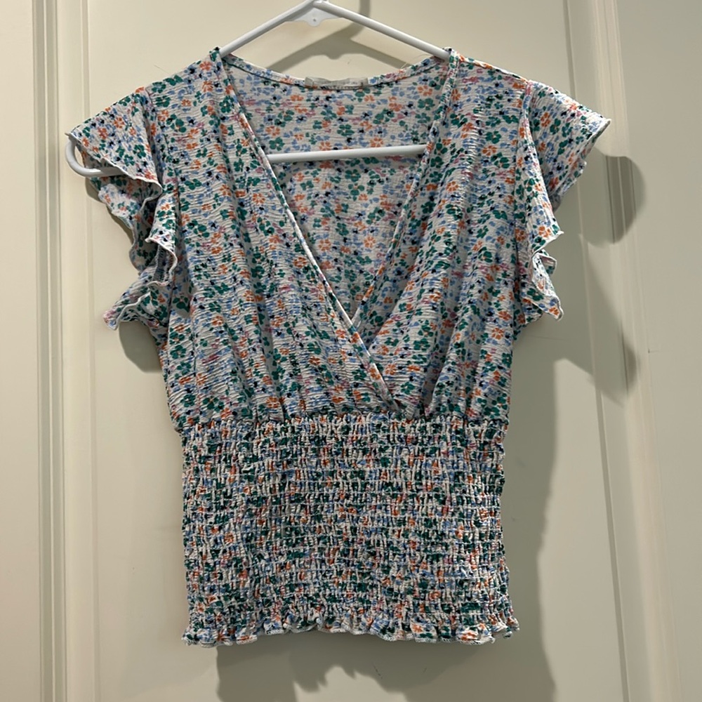 Anthropologie Caution To The Wind floral Ruffle Sleeve elastic waistband Top S
